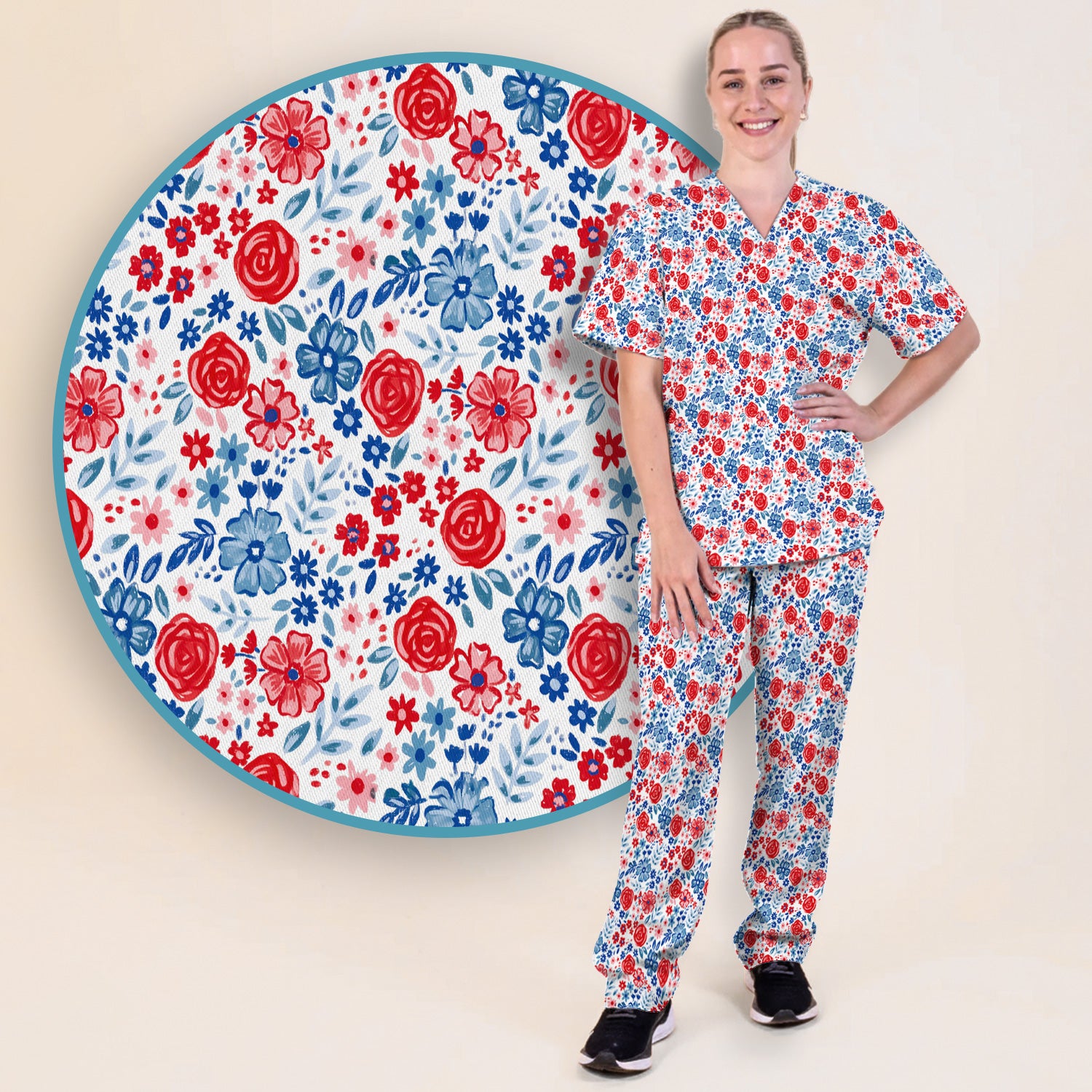 Red Blue Floral Garden Blossom Pattern Scrub Set, Scrub Pants and V Neck Top