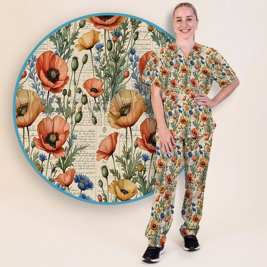Vintage Poppy Wildflower Script Print Scrub Set, Scrub Pants and V Neck Top