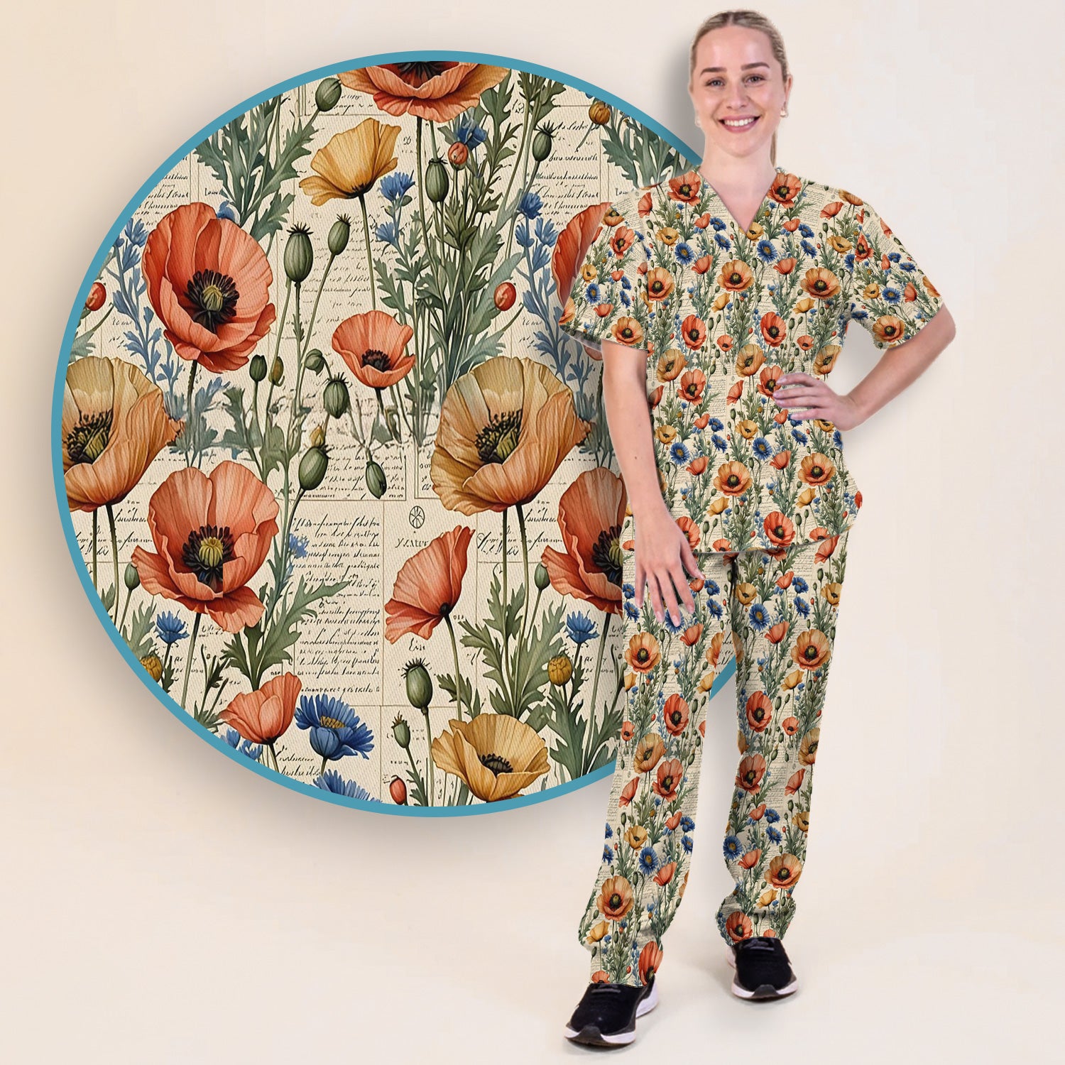 Vintage Poppy Wildflower Script Print Scrub Set, Scrub Pants and V Neck Top
