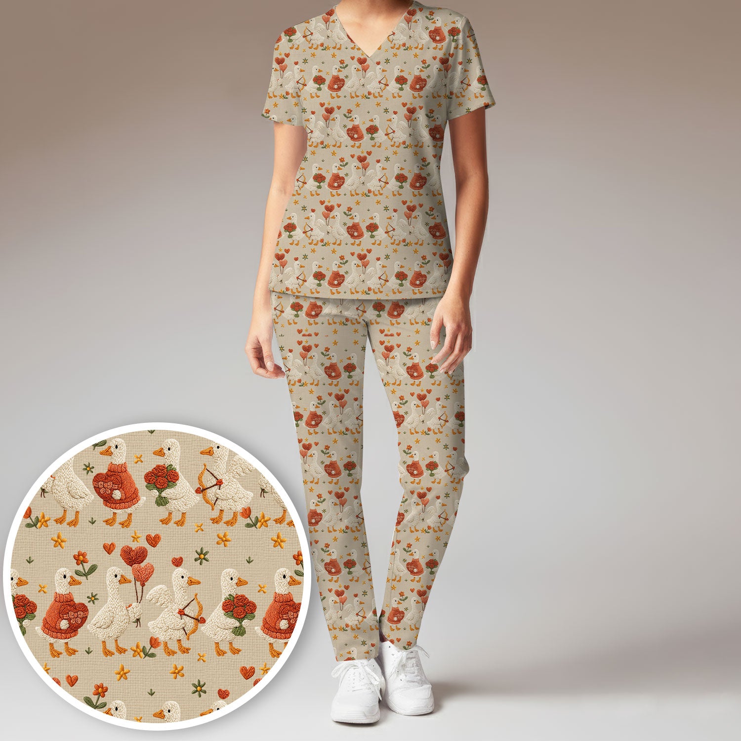 Cute Goose Nurse Scrub Set, Valentine Farm Medical Pattern Shirt, Breathable Fabrics Nursing Uniform