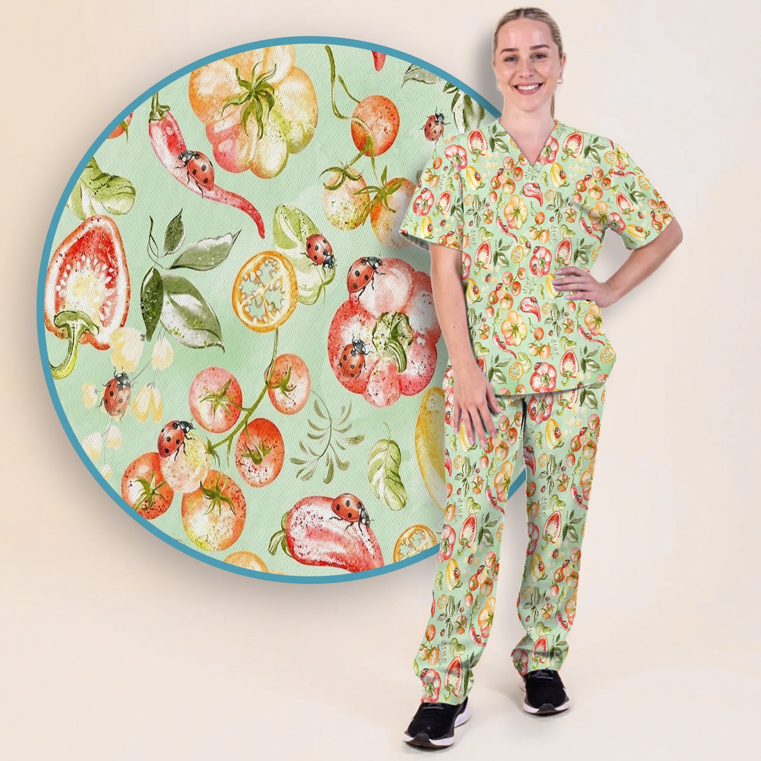 Cute Watercolor Veggie Ladybug Pattern Scrub Set, Scrub Pants and V Neck Top