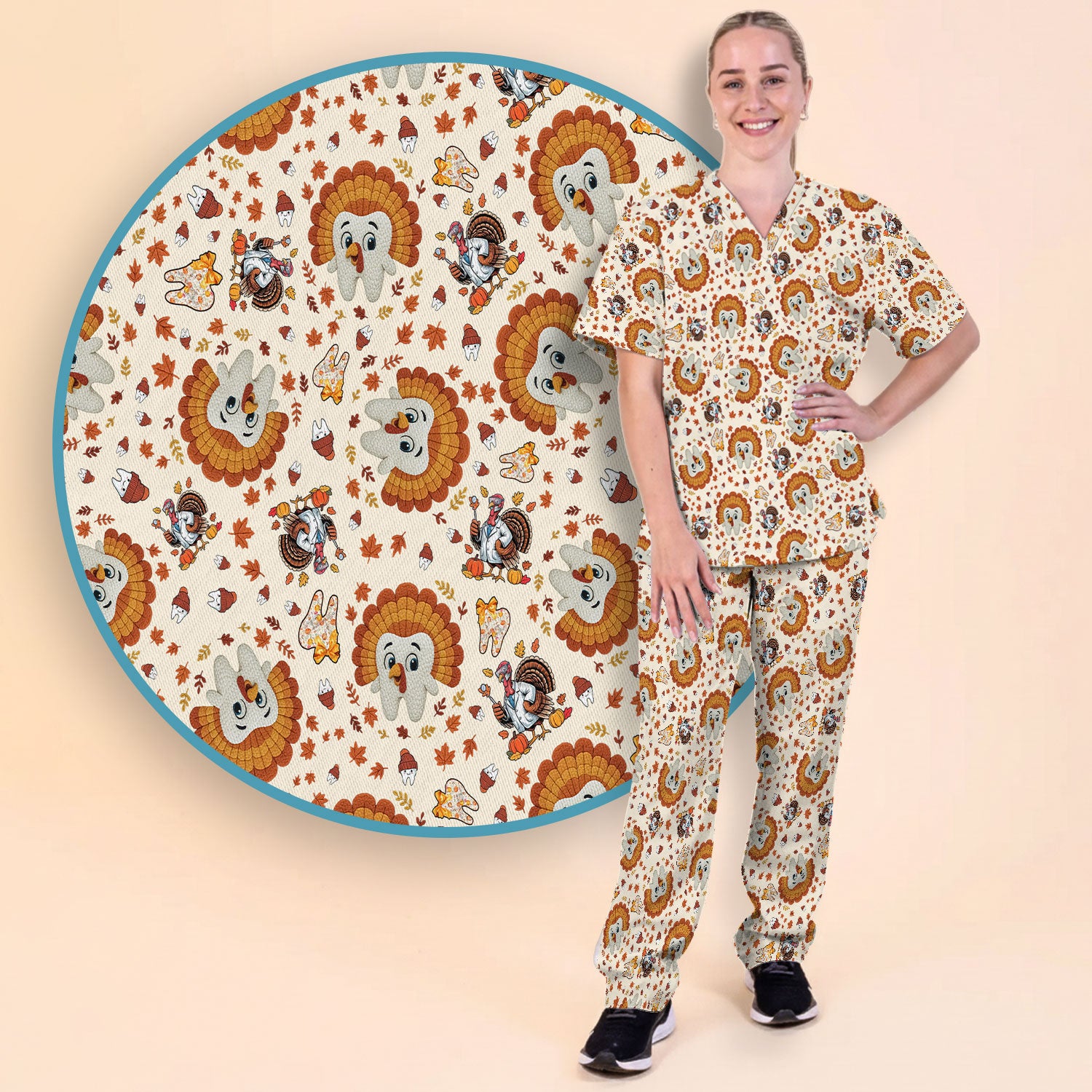 Funny Thanksgiving Tooth Scrub Set - Cute Turkey Dental Scrubs Pants and V Neck Top - Fall Medical Uniform for Hygienists & Nurses