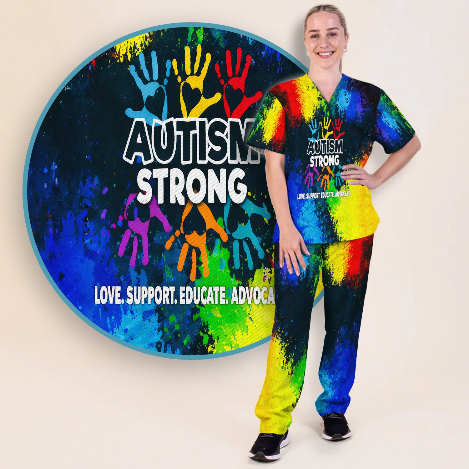 Autism Strong Colorful Handprint Scrub Set, Breathable Med Uniform