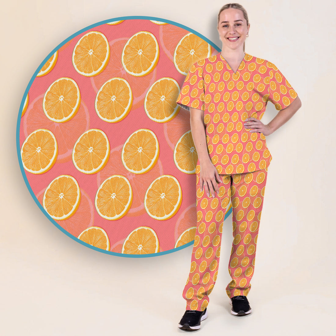 Fresh Orange Slice Pattern Scrub Set, Scrub Pants and V Neck Top
