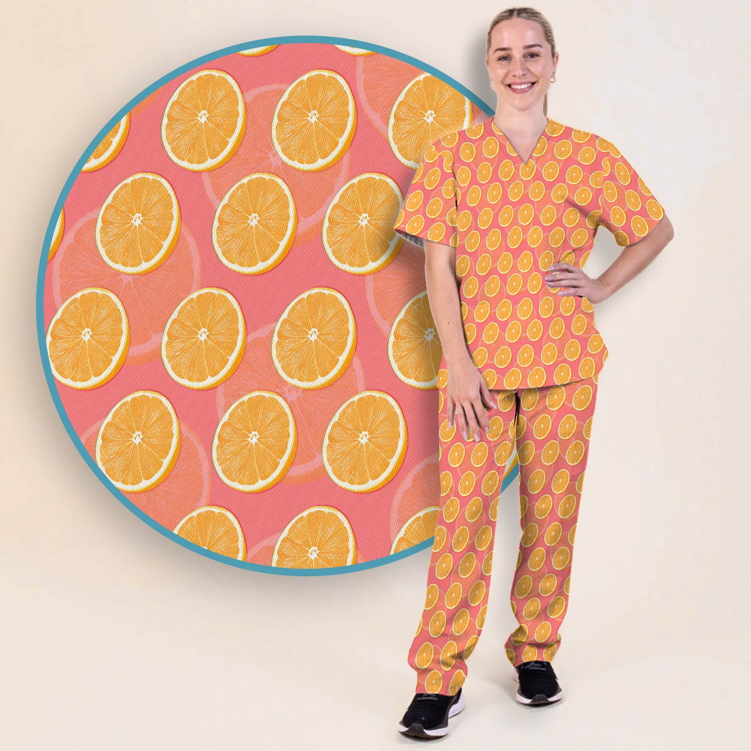 Fresh Orange Slice Pattern Scrub Set, Scrub Pants and V Neck Top