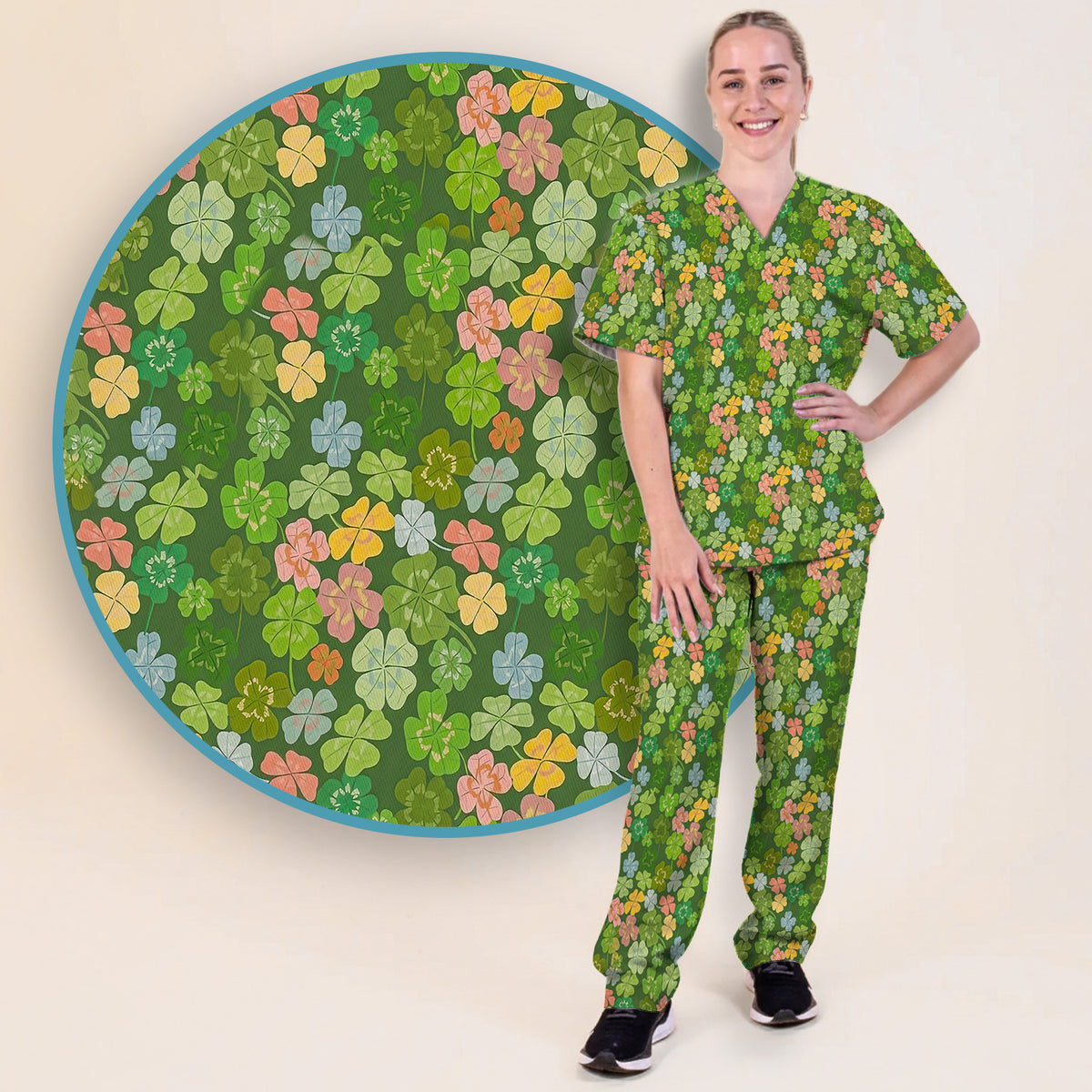 Colorful Shamrock Clover Pattern Scrubs Sets, Scrub Pants and V Neck Top