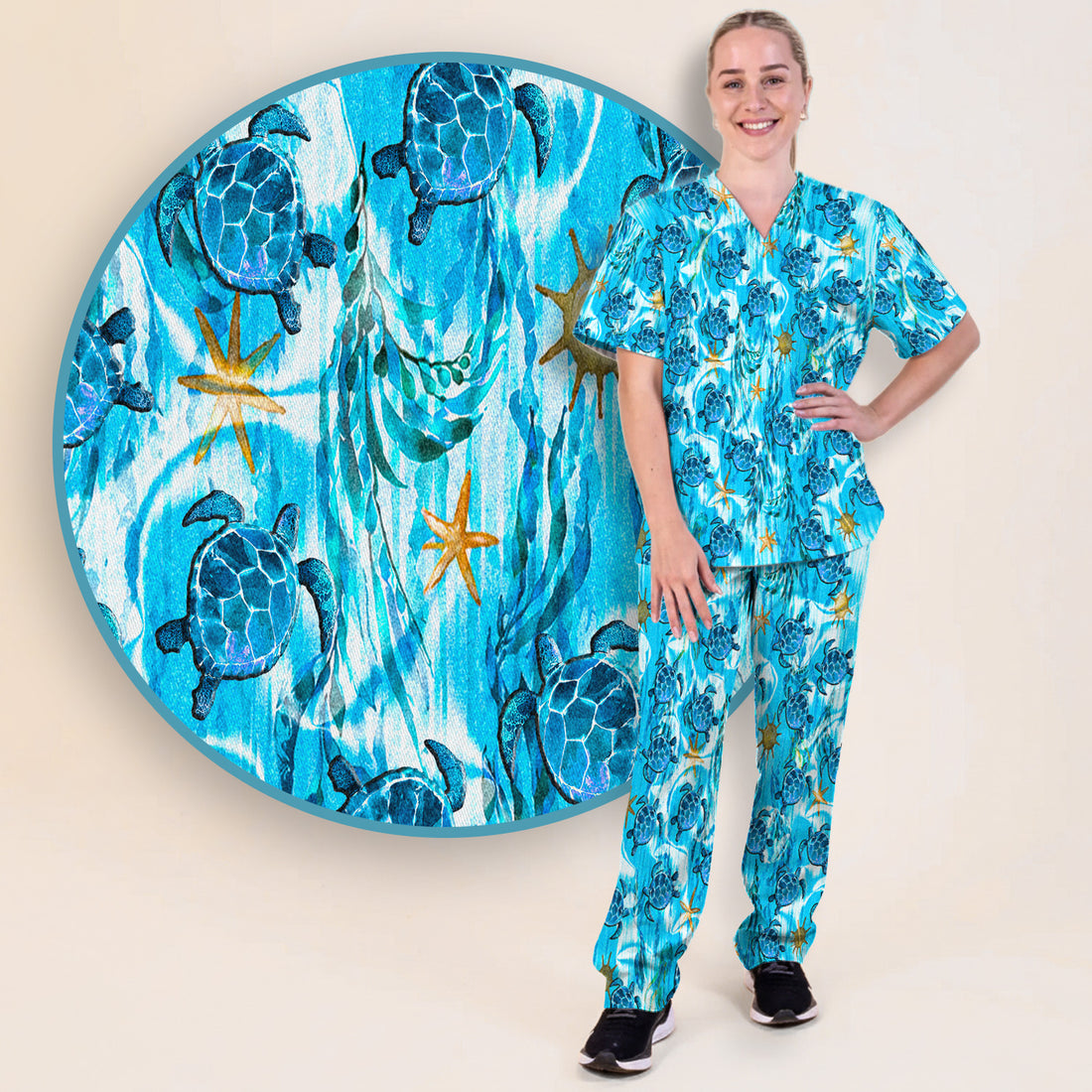 Coastal Marine Life Print Scrub Set, Scrub Pants and V Neck Top