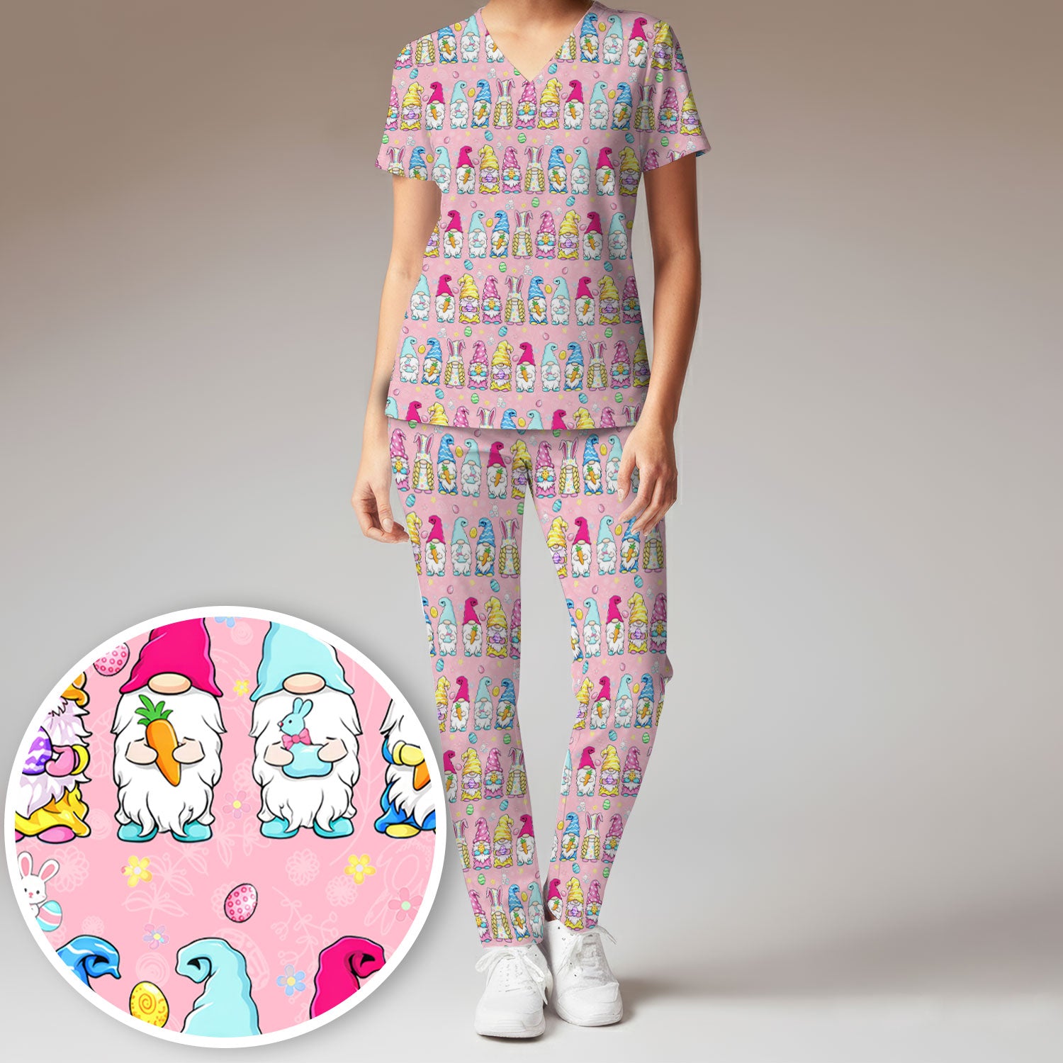 Colorful Easter Gnome Bunny Eggs Pattern Scrub Set, Women's Scrub Sets