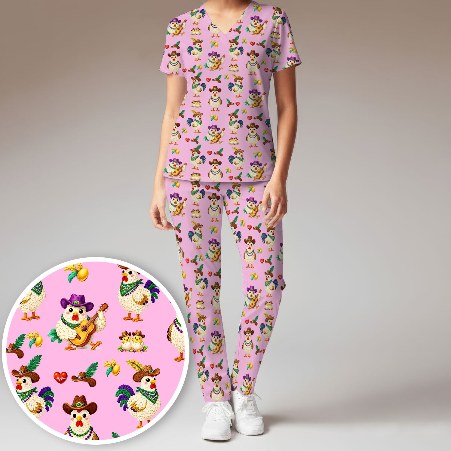 Funny Mardi Gras Rooster Cowboy Print Set, Women's Scrub Sets