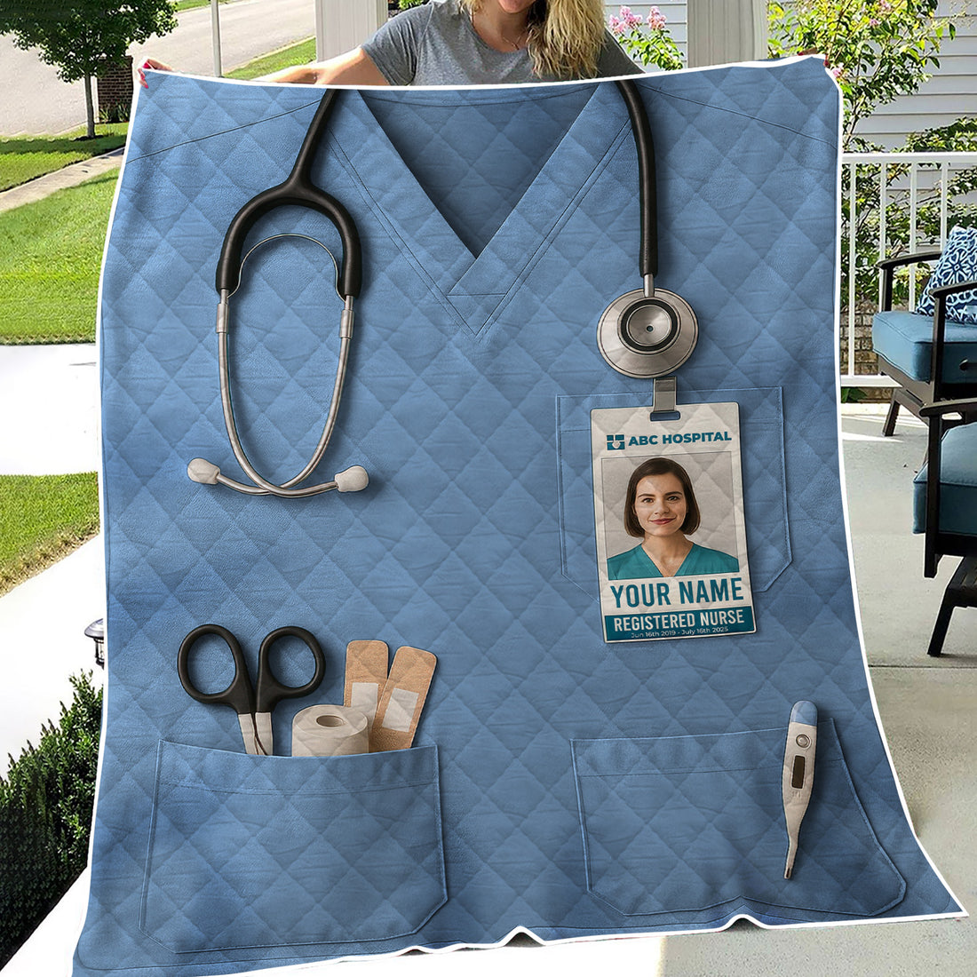 Personalized Nurse Blanket - Stethoscope & ID Badge Design - Custom Text & Photo Options for RN CNA LPN Healthcare Workers