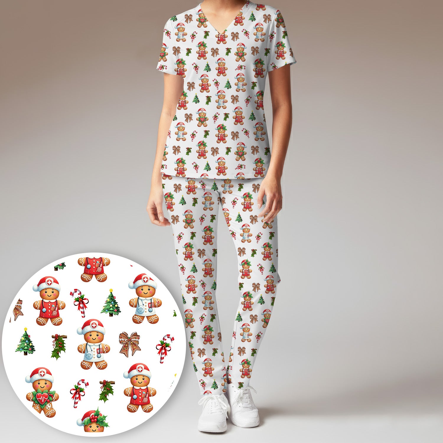 Funny Christmas Scrub Set for Nurse - Adorable Gingerbread Candy Cane Bow- Festive Medical Uniform for Women