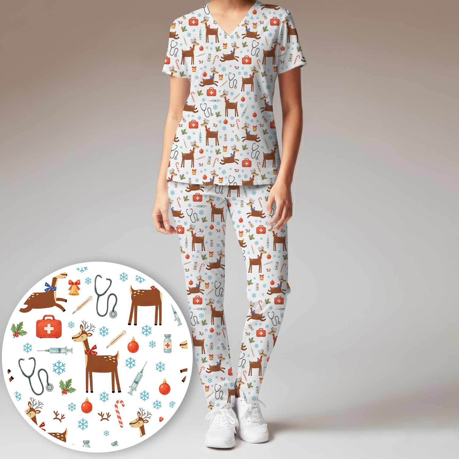 Christmas Reindeer Scrub Set for Nurses - Cute Reindeers Snowflakes Candy Canes - Comfortable Med Uniform