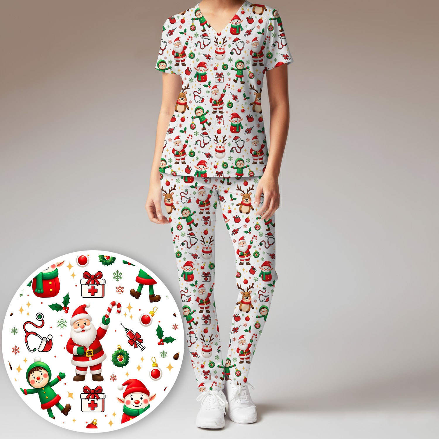Christmas Comfortable Scrubs for Nurses - Cute Santa Reindeer Scrubs Pants and V Neck Top - Festive Holiday Med Uniform for Women