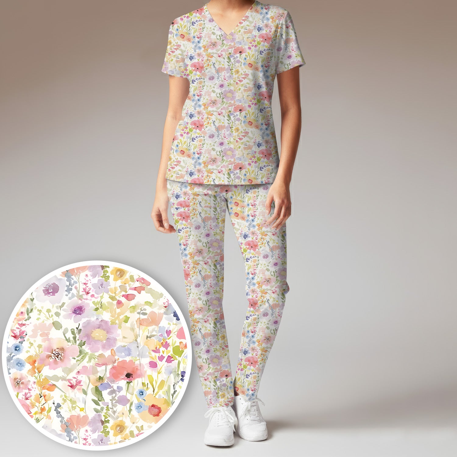 Watercolor Floral Medical Scrub Set V-Neck, Nursing Uniform Pastel Workwear