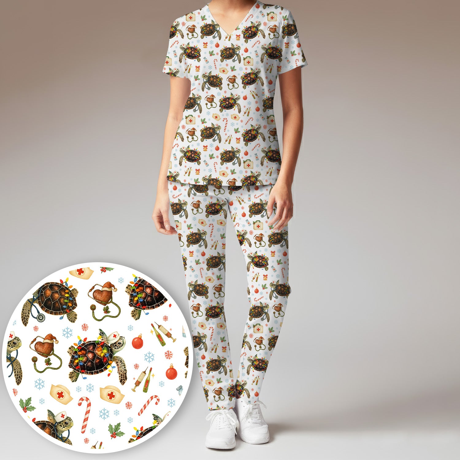 Funny Christmas Scrub Set - Sea Turtle with Xmas Lights Scrubs Pants and V Neck Top - Holiday Nurse Med Uniform for Women