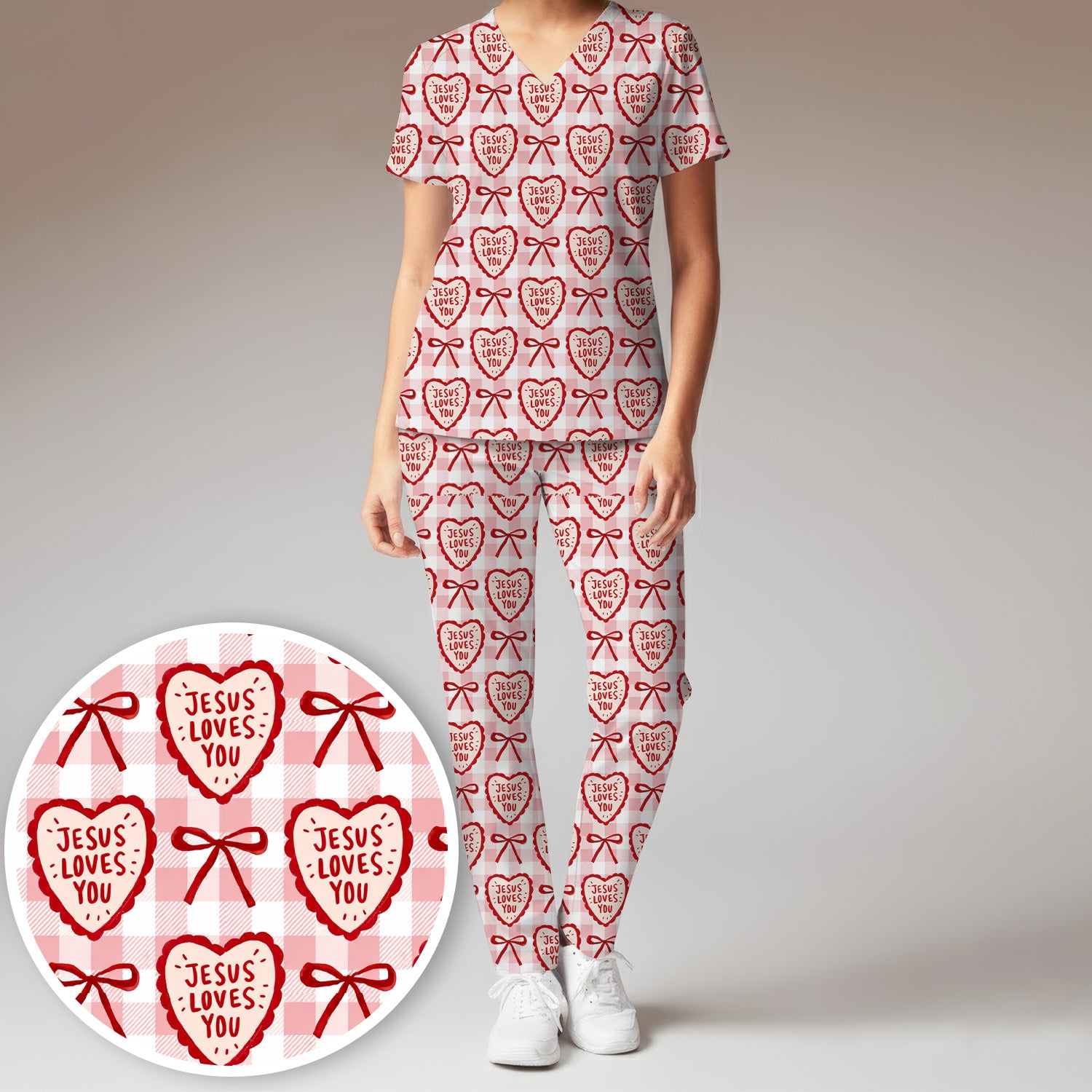 Jesus Loves You Heart Plaid Scrub Set, Scrub Pants and V Neck Top