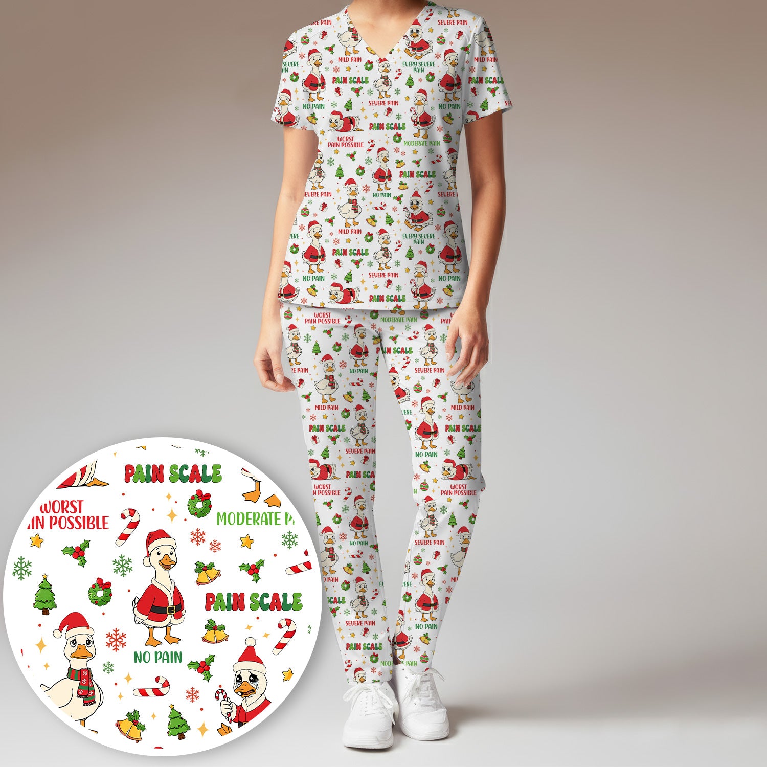 Funny Goose Christmas Scrub Set - Pain Scale Scrubs Pants and V Neck Top - Cute Holiday Medical Uniform for Women