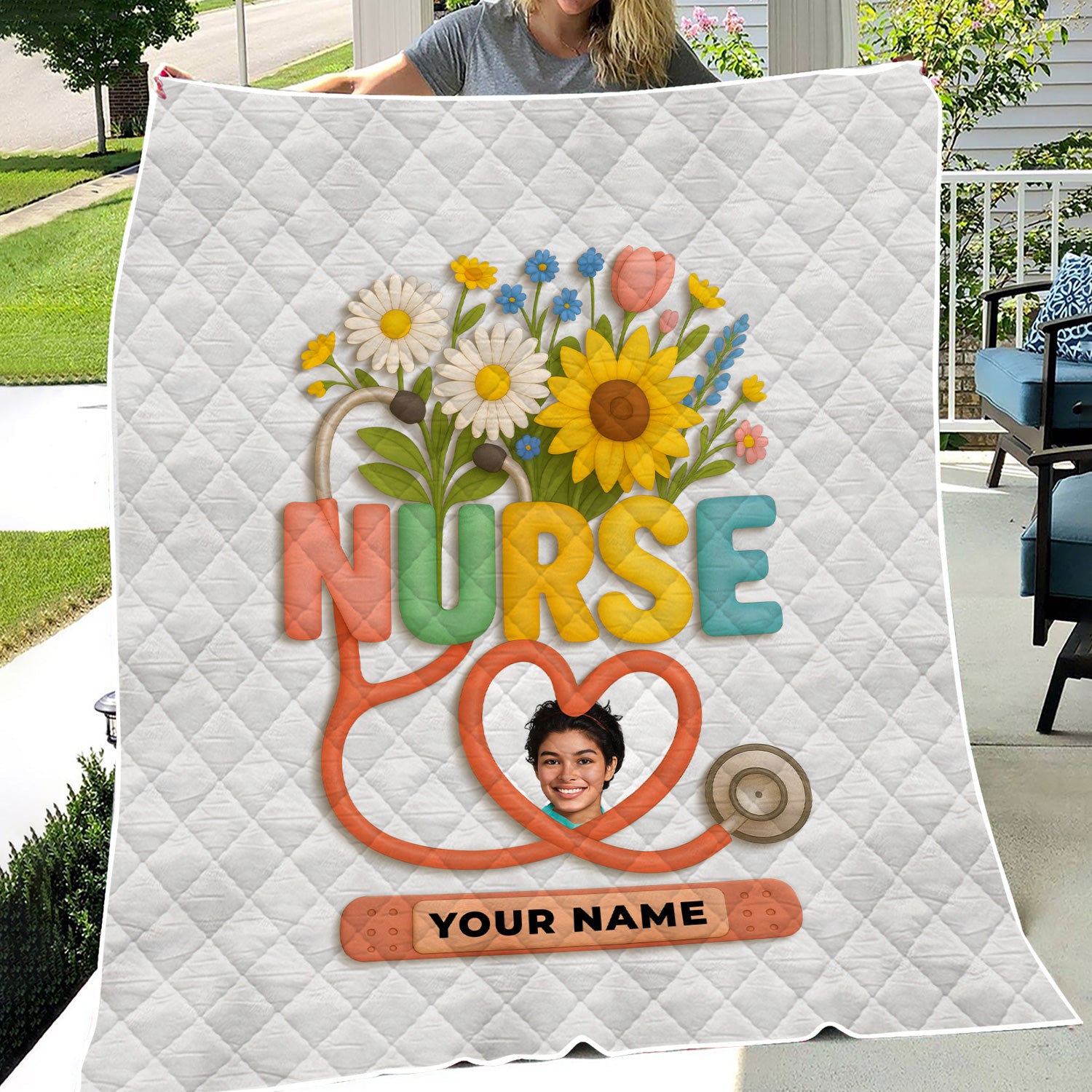 Personalized Nurse Floral Graduation Blanket - Custom Photo & Name with Stethoscope for RN LPN CNA Gift - Multiple Color Options Available Keepsake