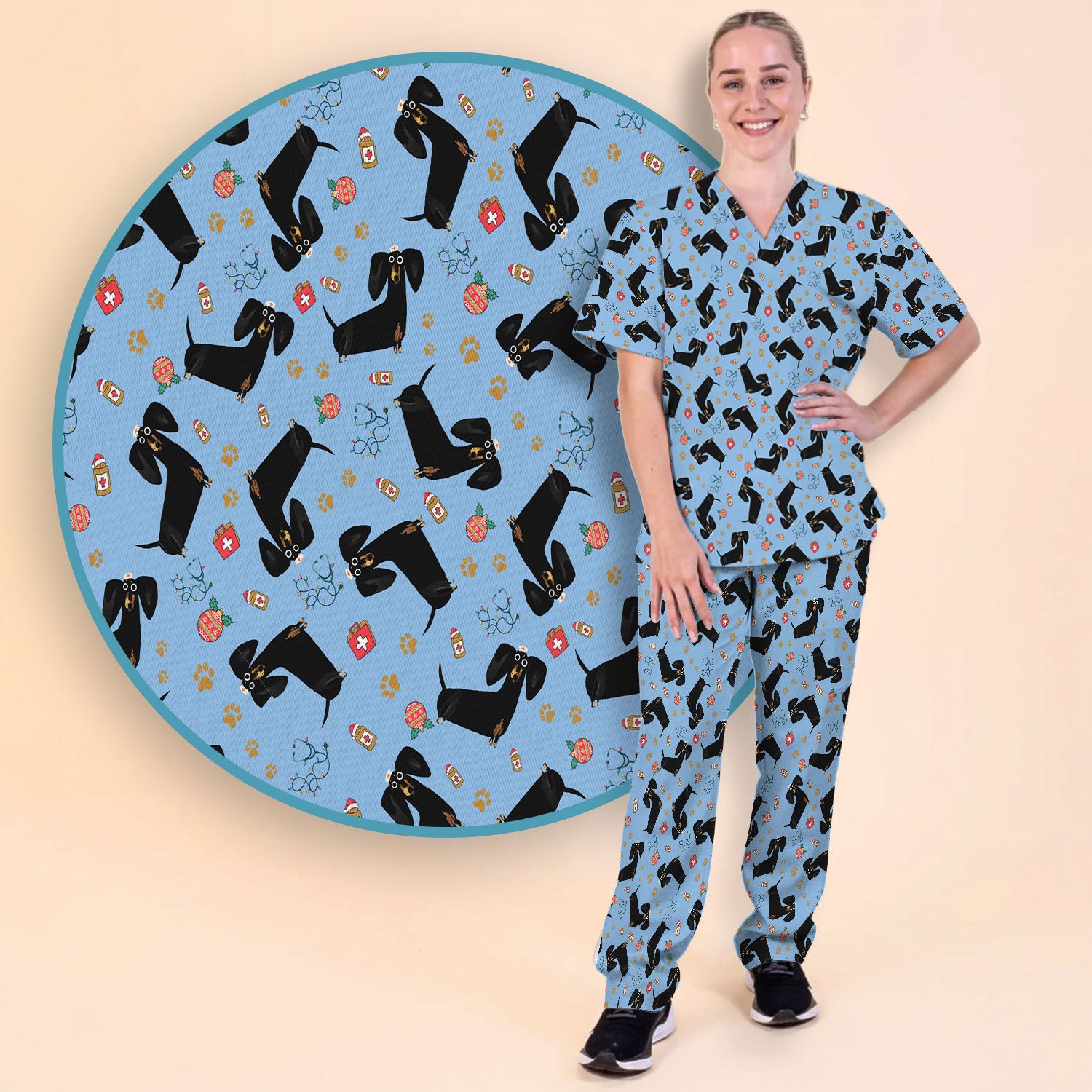 Funny Black Dachshund Scrub Set for Nurses - Cute Wiener Dog Scrubs Pants and V Neck Top - Puppy Lover Nursing Gift for Women