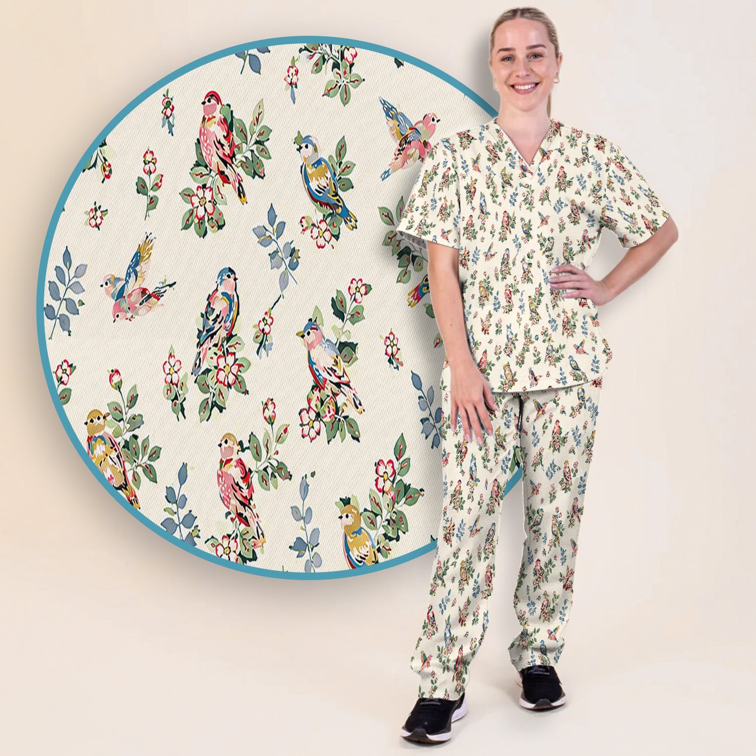 Cute Vintage Birds Blossom Pattern Scrub Set, Scrub Pants and V Neck Top