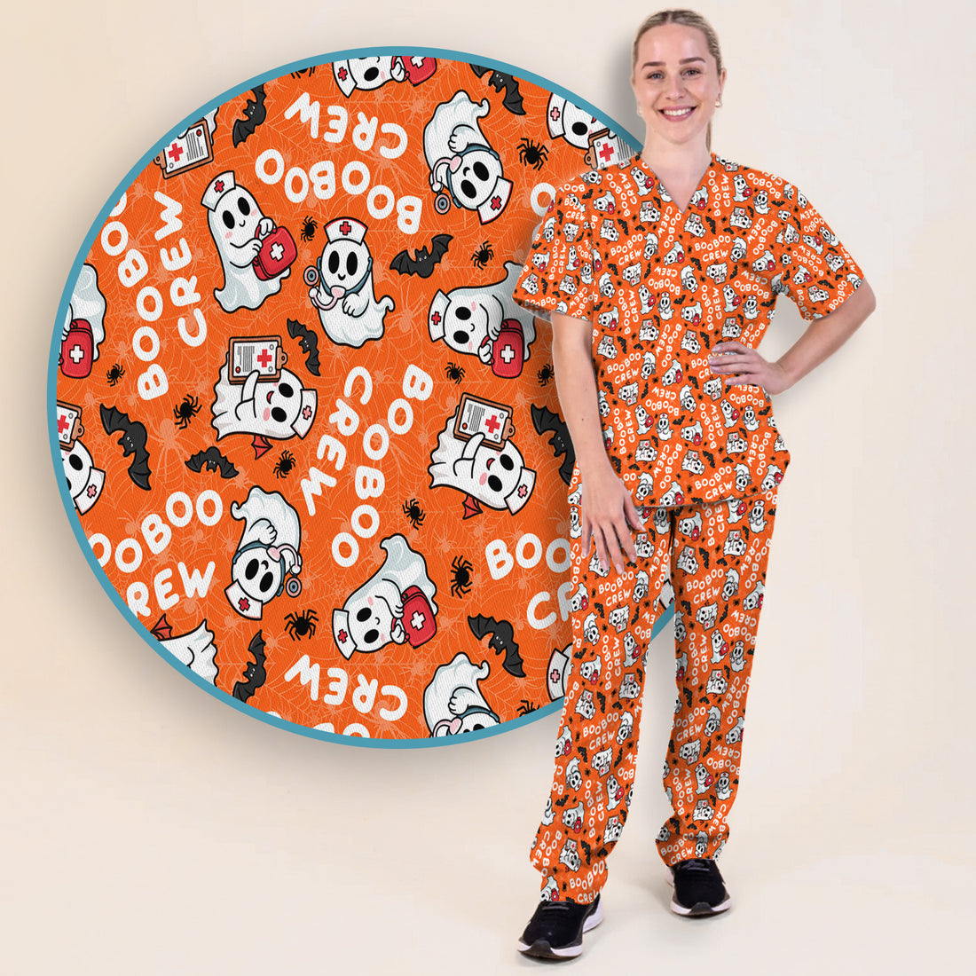 Cute Halloween Boo Boo Crew Ghost Scrub Set, Scrub Pants and V Neck Top