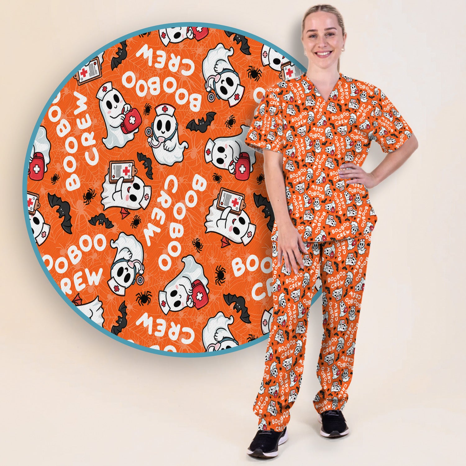 Cute Halloween Boo Boo Crew Ghost Scrub Set, Scrub Pants and V Neck Top