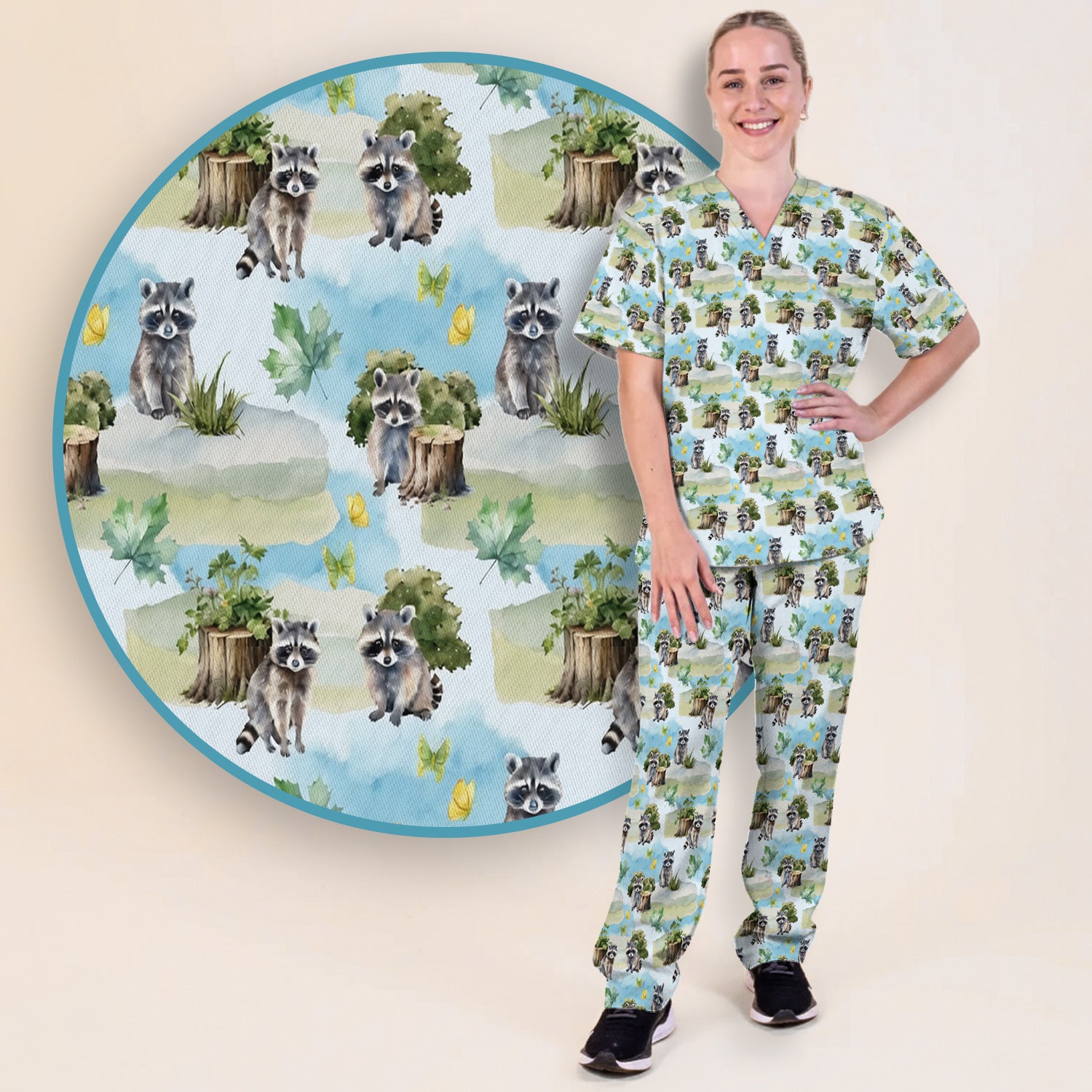 Cute Raccoon Woodland Print Scrub Set, Scrub Pants and V Neck Top