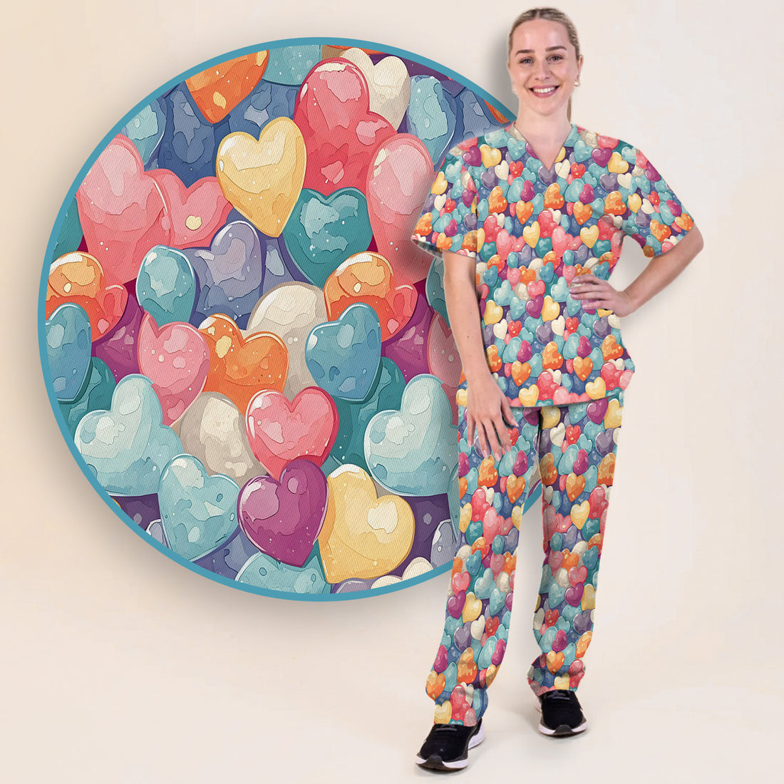 Sweet Valentine Heart Pediatric Pattern Scrub Set, Scrub Pants and V Neck Top