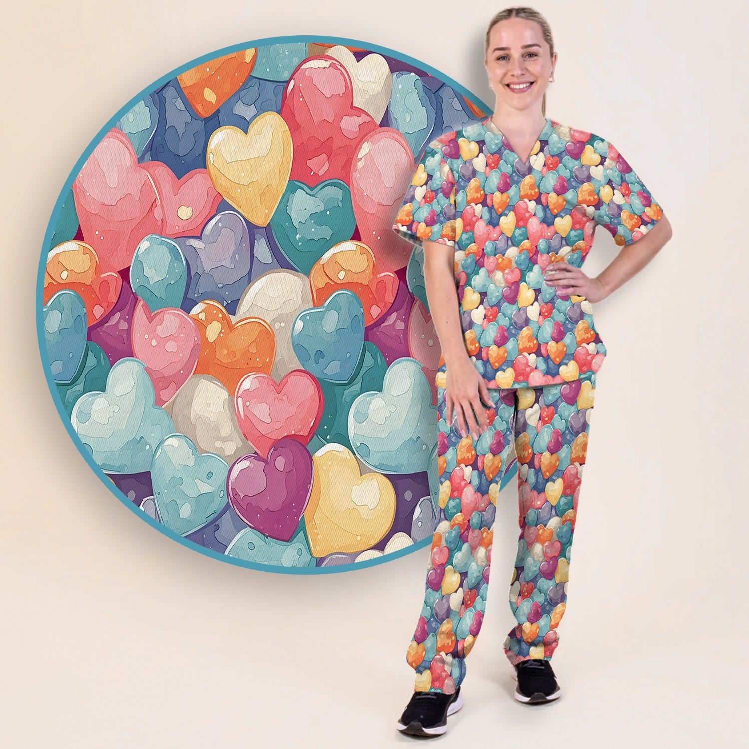 Sweet Valentine Heart Pediatric Pattern Scrub Set, Scrub Pants and V Neck Top