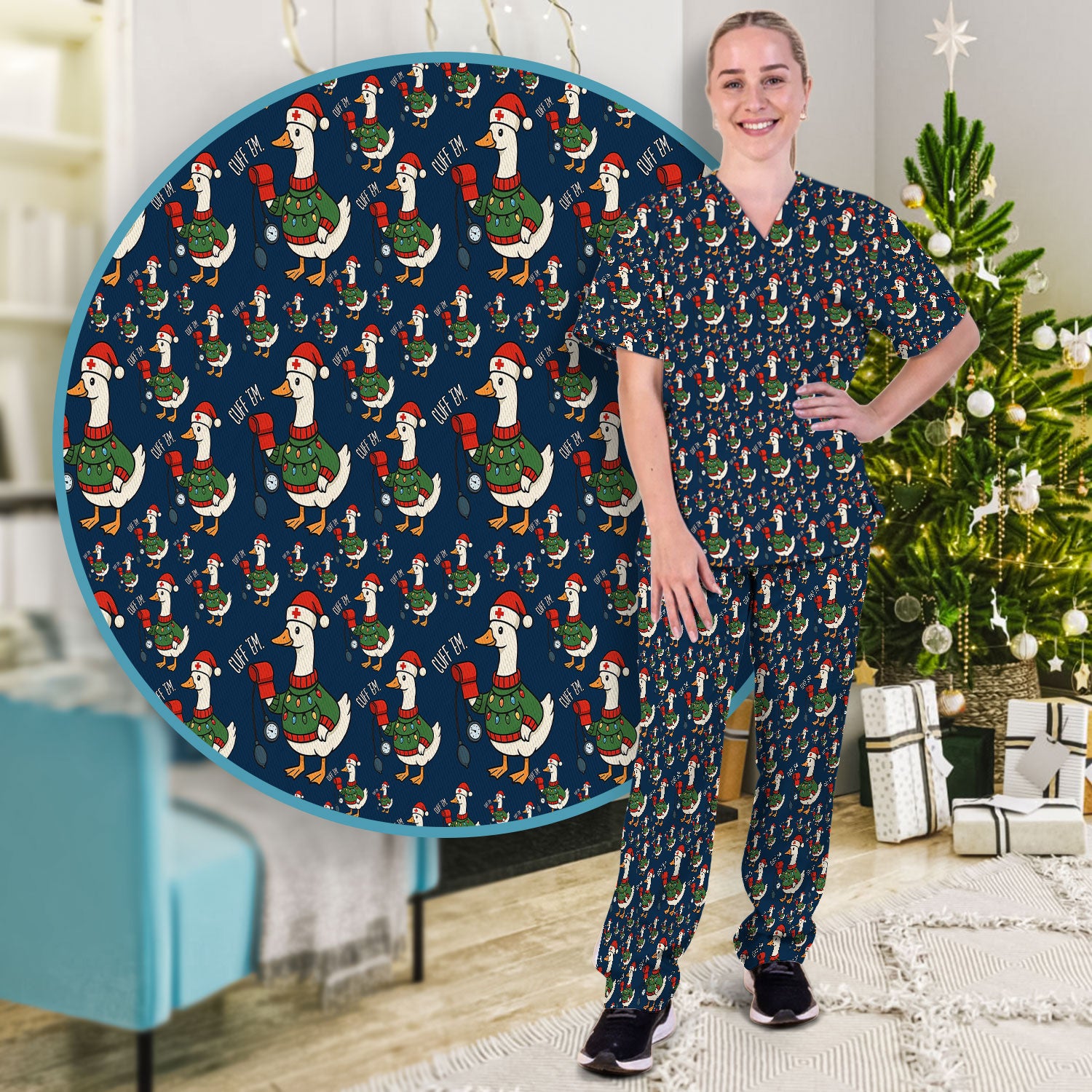 Nurse Christmas Duck Scrub Set, Cute Goose Pattern Scrub Uniform, RN LPN CNA Nursing Uniform