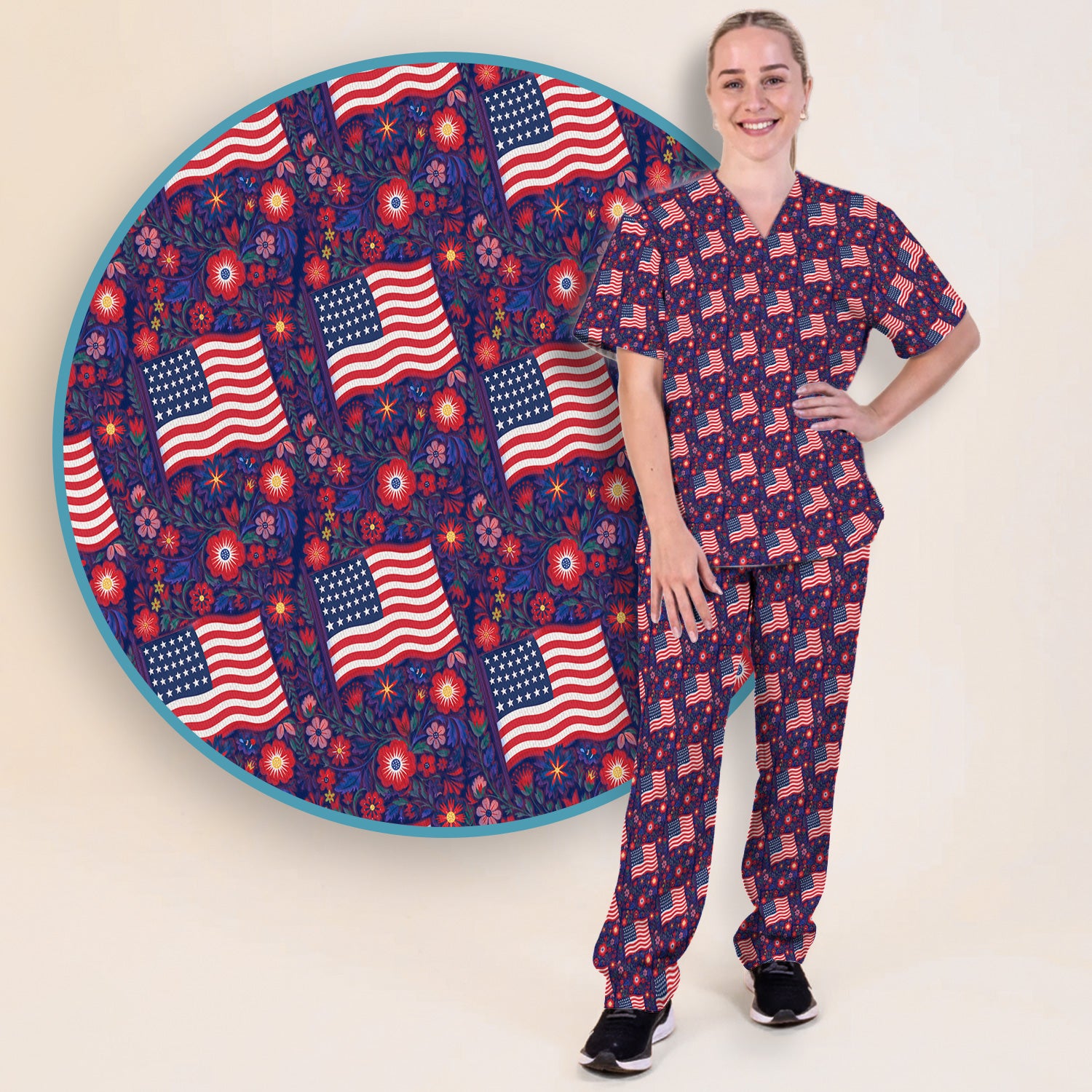 Patriotic USA Flag With Floral Fireworks Pattern Scrub Set, Scrub Pants and V Neck Top