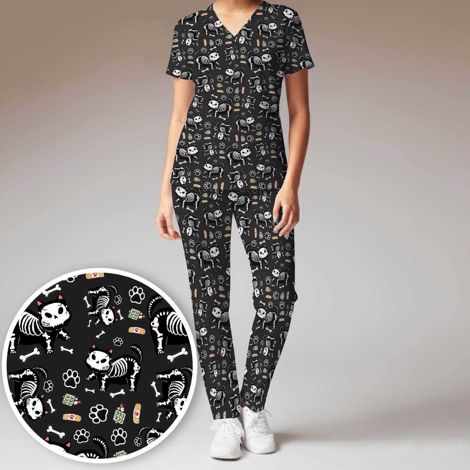 Skeleton Cat Medical Pattern Scrub Set, Scrub Pants and V Neck Top