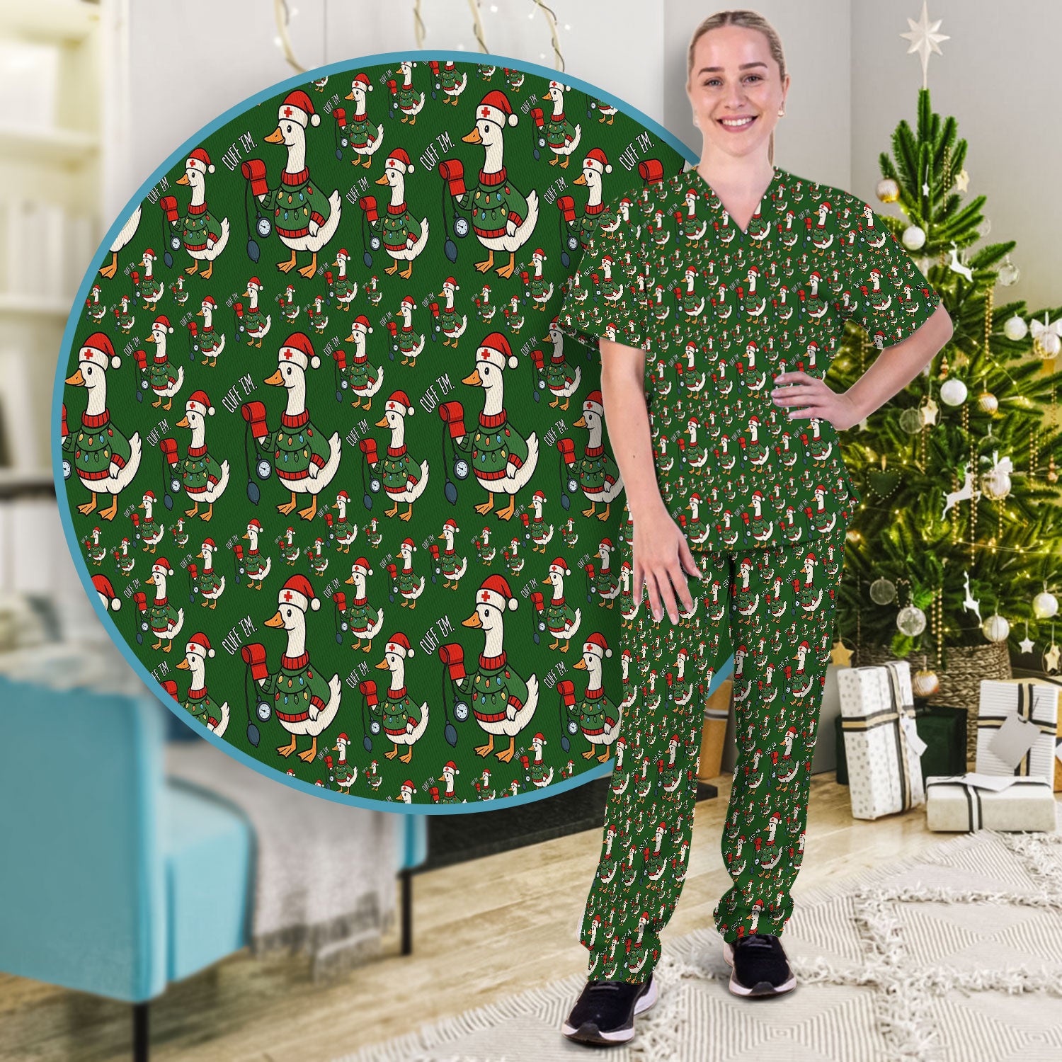 Nurse Christmas Duck Scrub Set, Cute Goose Pattern Scrub Uniform, RN LPN CNA Nursing Uniform