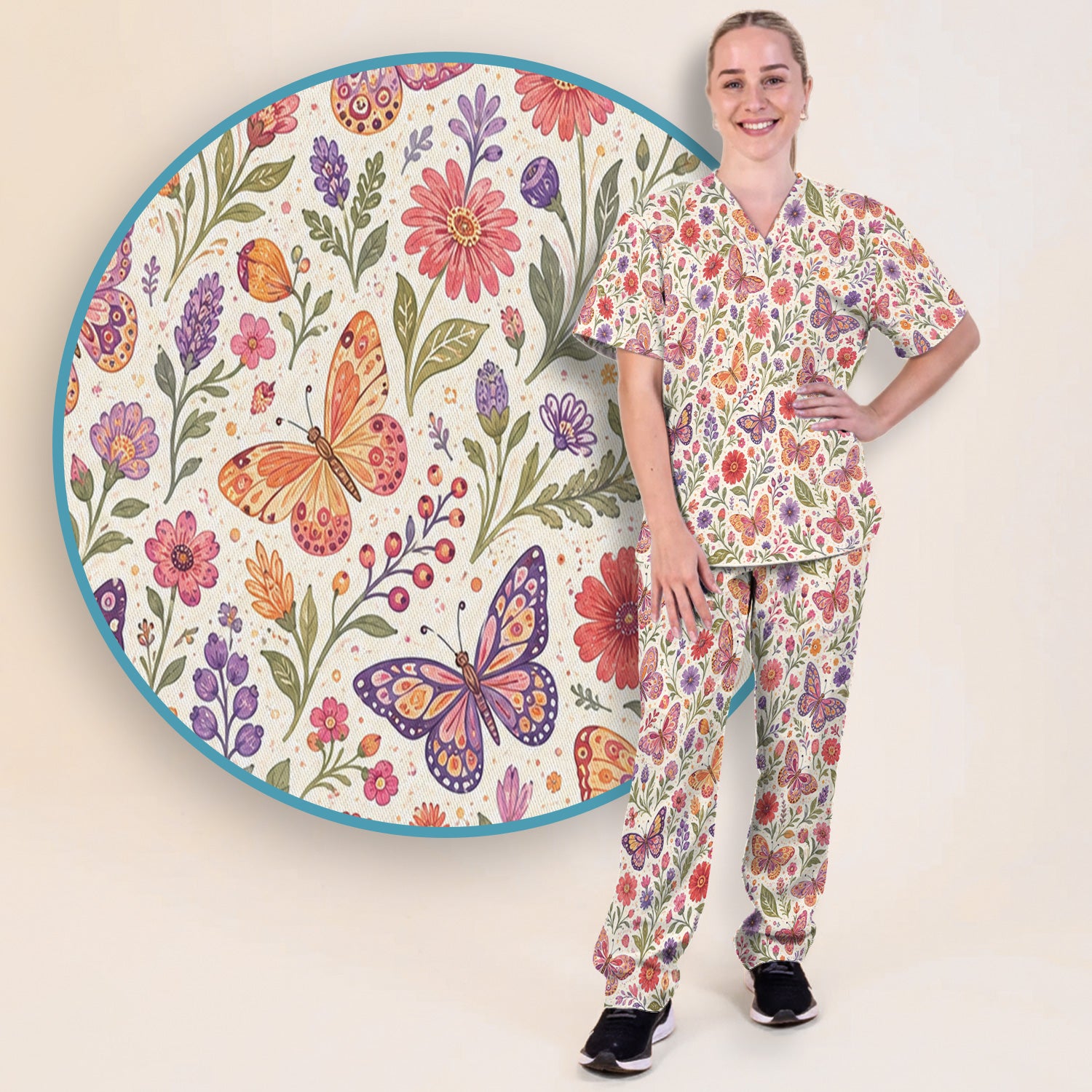 Floral Butterfly Pediatric Nurse Pattern Scrub Set, Scrub Pants and V Neck Top