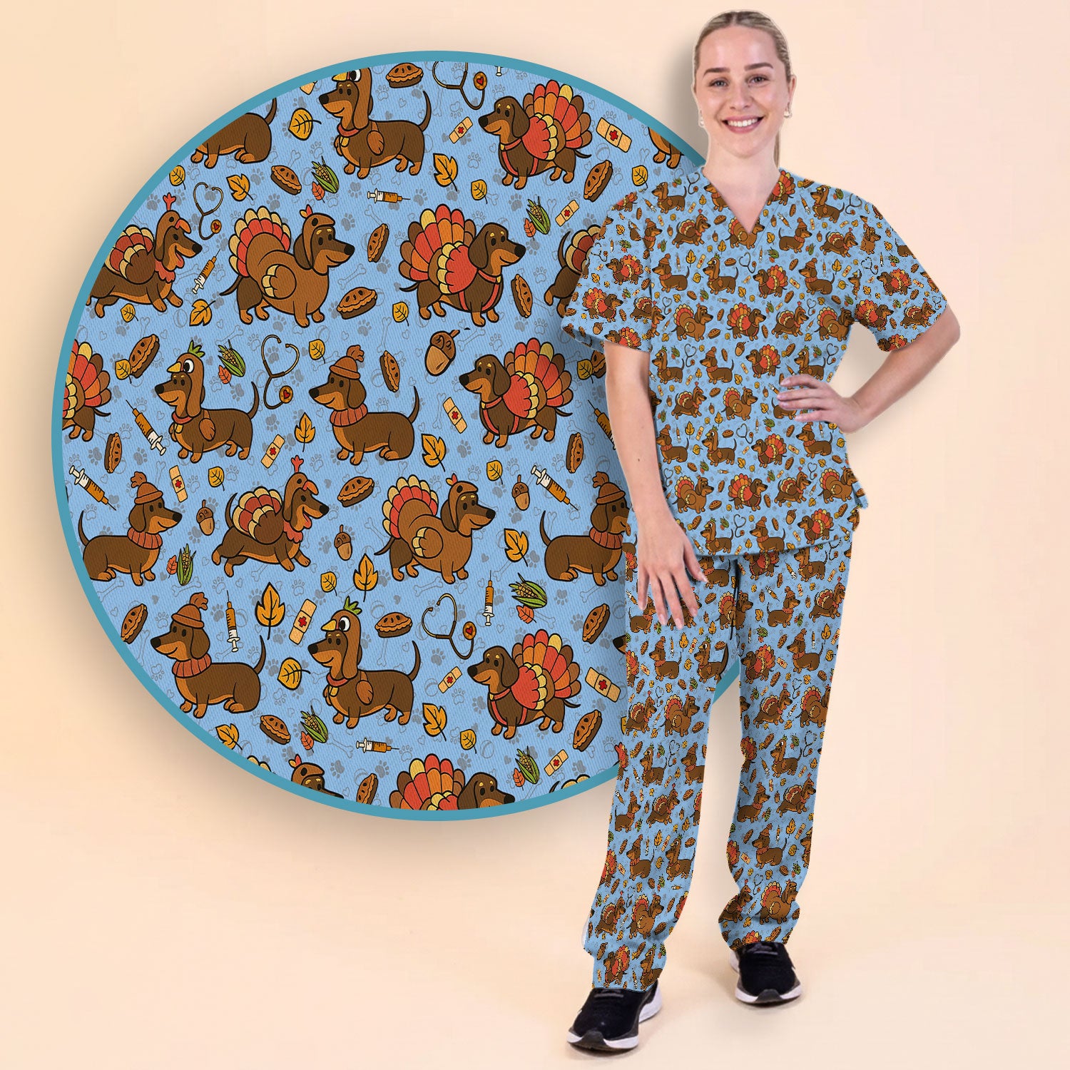 Thanksgiving Wiener Dog Scrub Set - Funny Dachshund Turkey Scrubs Pants and V Neck Top - Fall Winter Gift for Women