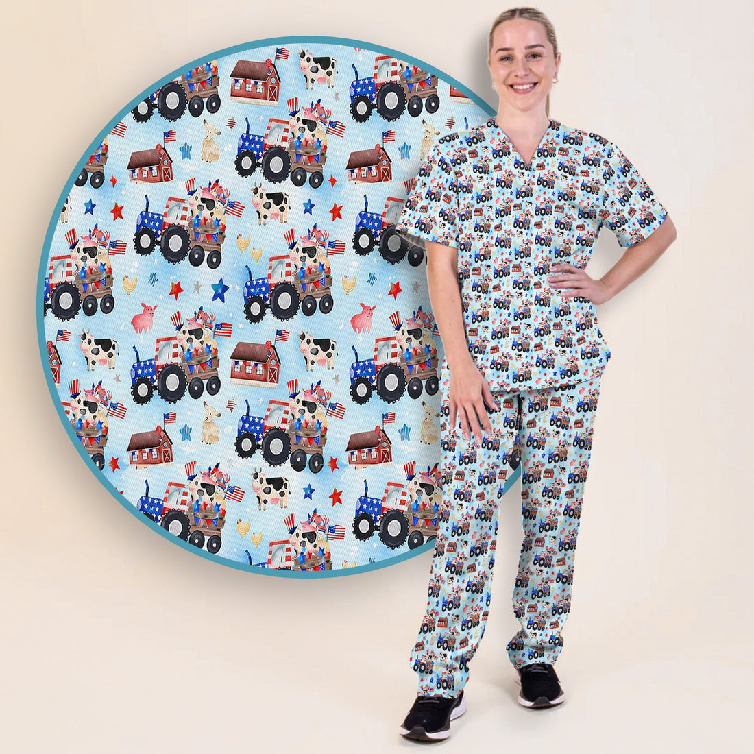Patriotic Cow Tractor Farm Stars Pattern Scrub Set, Scrub Pants and V Neck Top