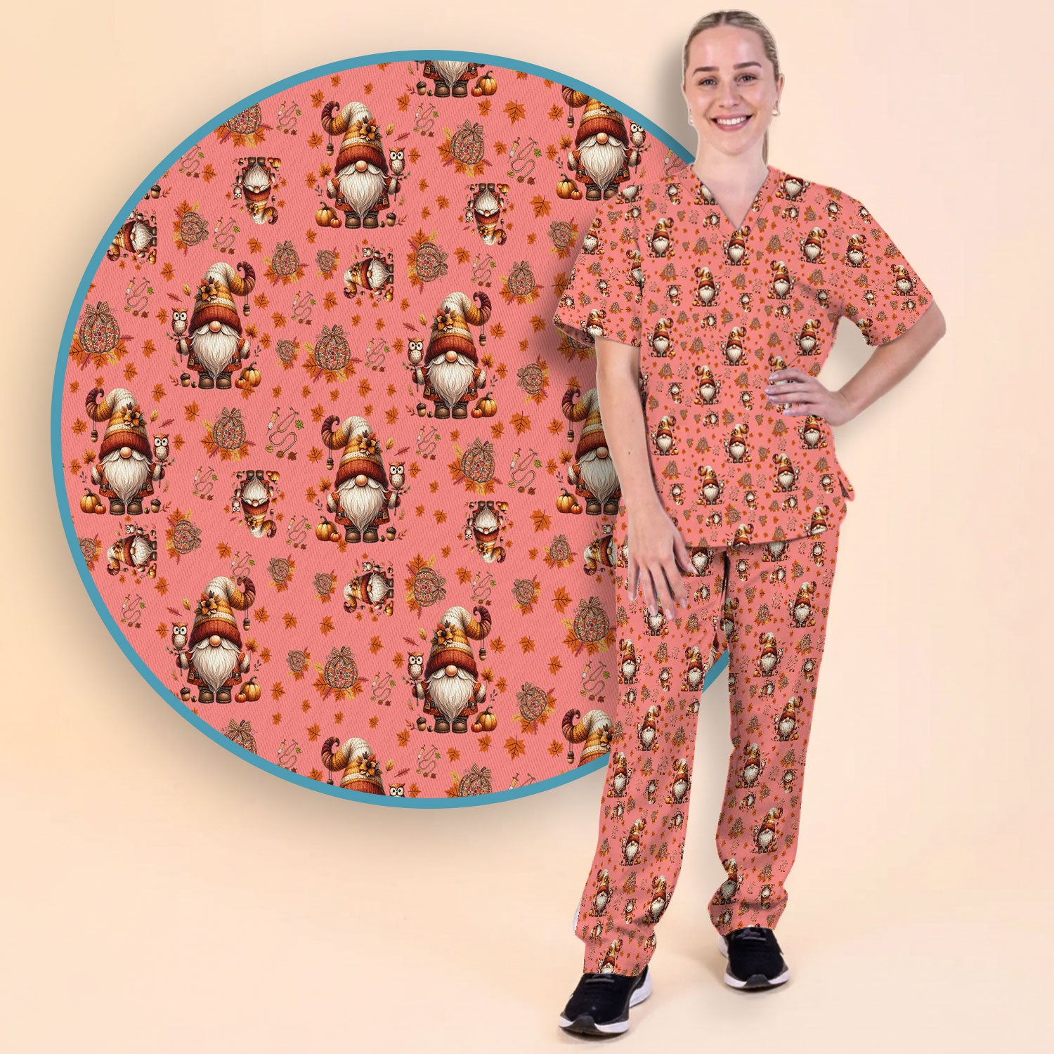 Fall Gnome Women's Scrub Sets - Autumn Leaves Pumpkin Scrub Pants and V Neck Top - Thanksgiving Nursing Uniform