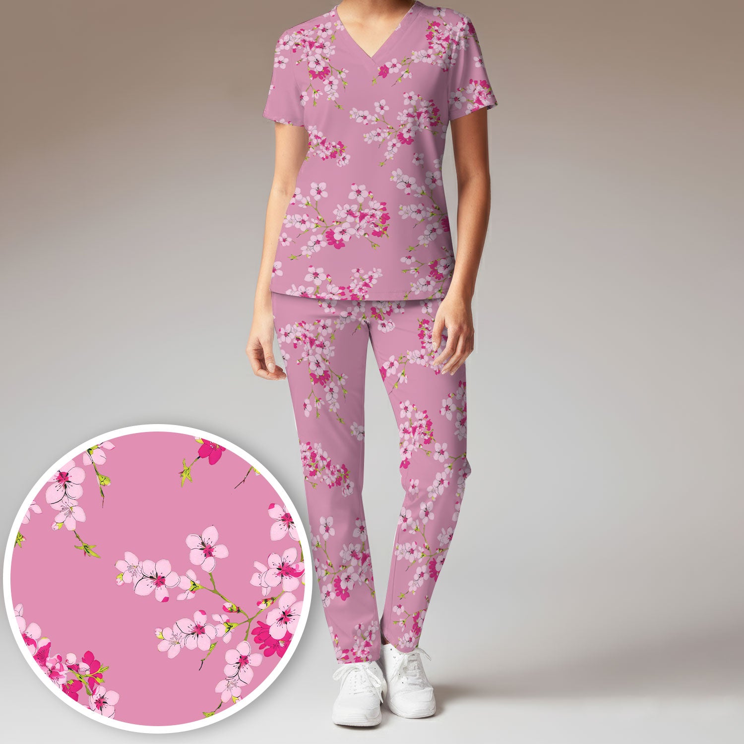 Elegant Cherry Blossom Floral Pattern Scrub Set , Breathable Med Uniform