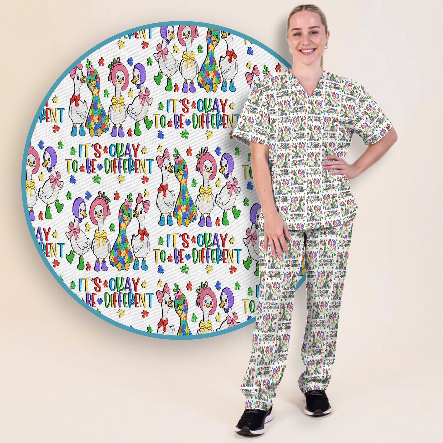 It’s Okay To Be Different Duck Pattern Scrub Set, Nurse Uniform Scrubs Set