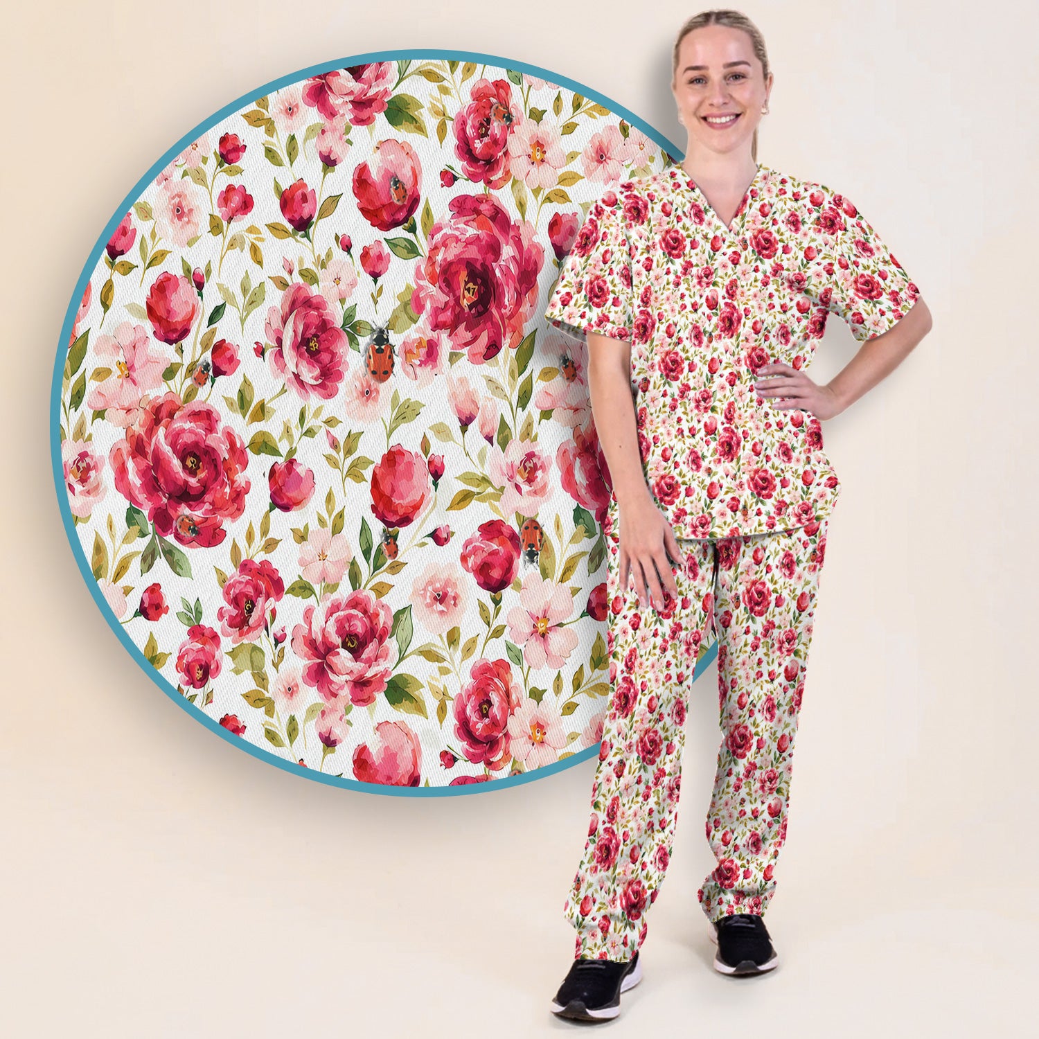 Pink Rose Ladybug Garden Pattern Scrub Set, Scrub Pants and V Neck Top
