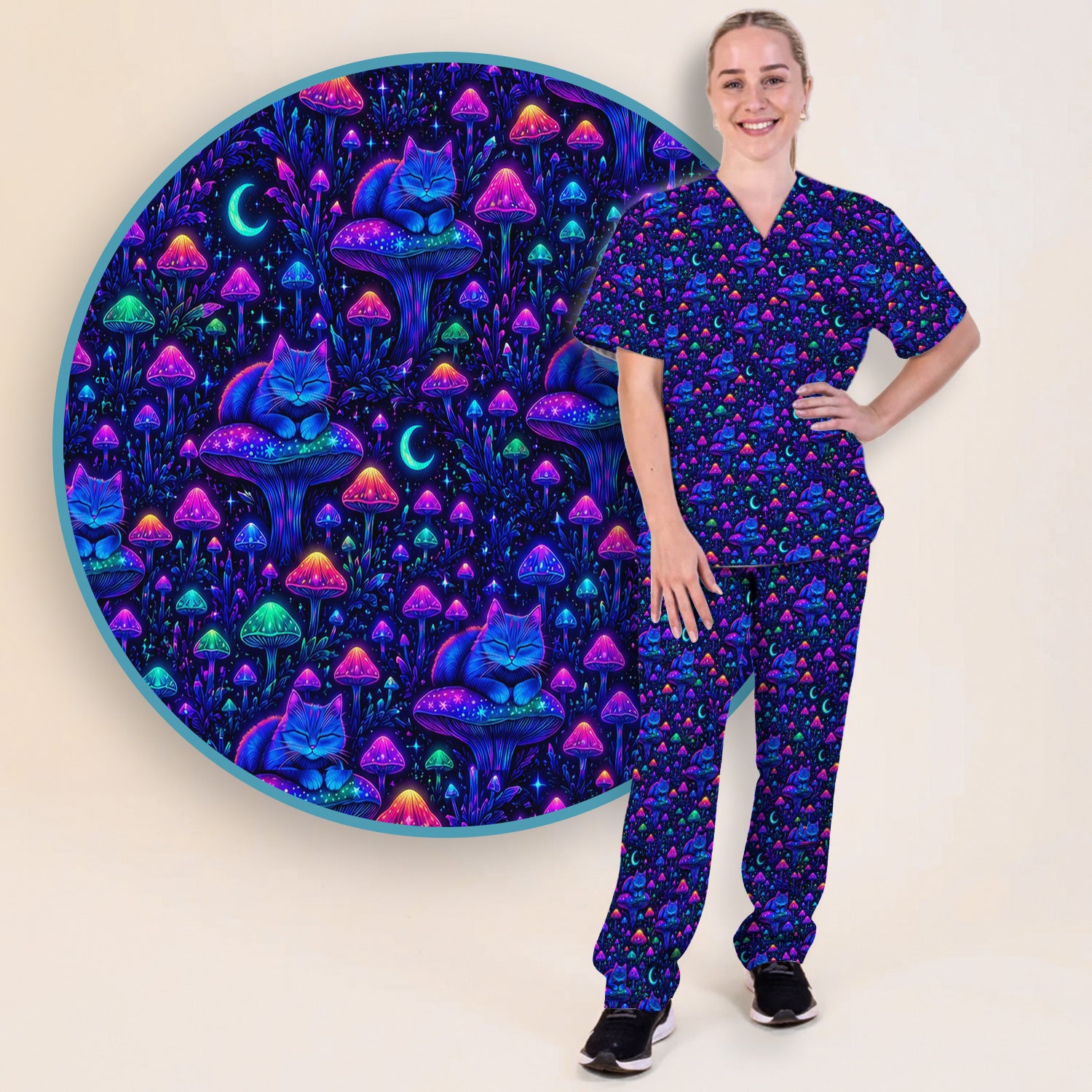 Neon Mushroom Cat Galaxy Pattern Scrub Set, Scrub Pants and V Neck Top