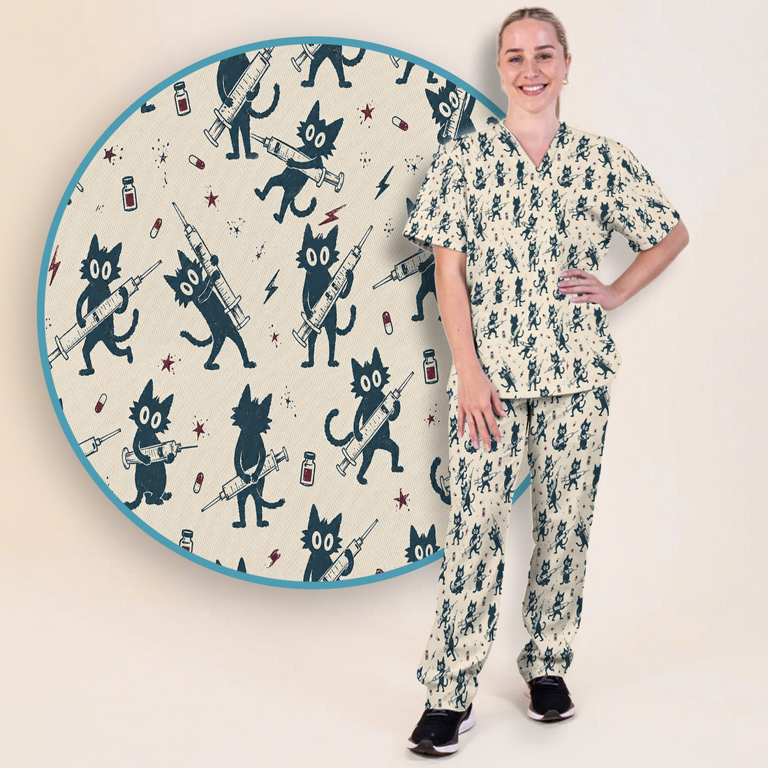 Funny Black Cats With Syringes Scrub Set, Scrub Pants and V Neck Top