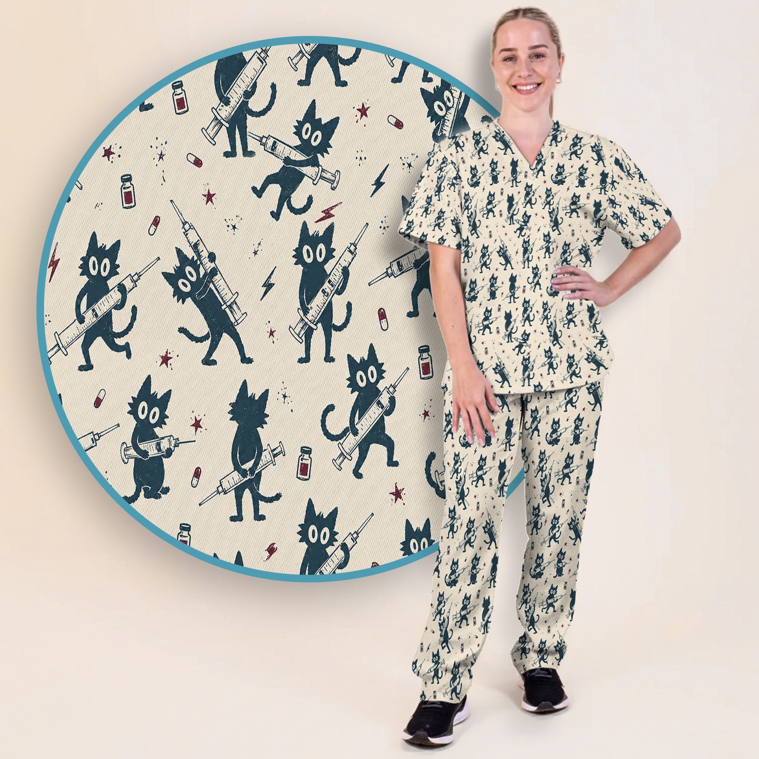 Funny Black Cats With Syringes Scrub Set, Scrub Pants and V Neck Top