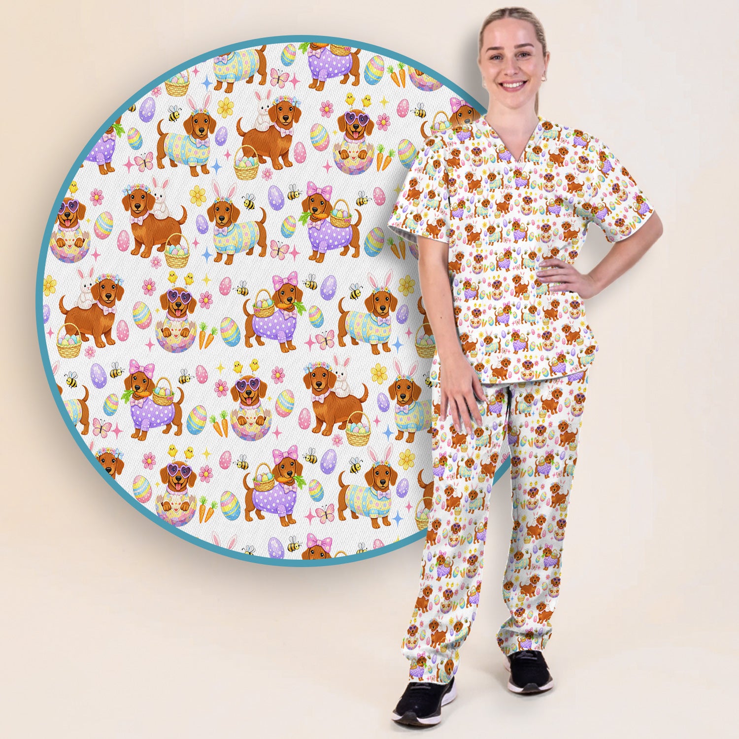 Cute Easter Dachshund Dog Pattern Scrub Set, Scrub Pants and V Neck Top