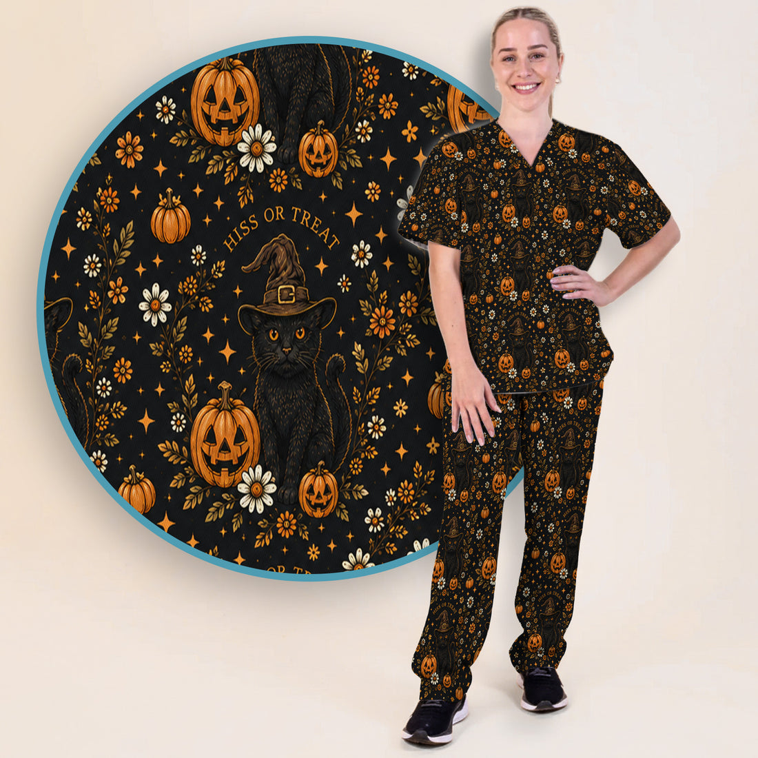 Halloween Black Cat Pumpkin Floral Scrub Set, Scrub Pants and V Neck Top