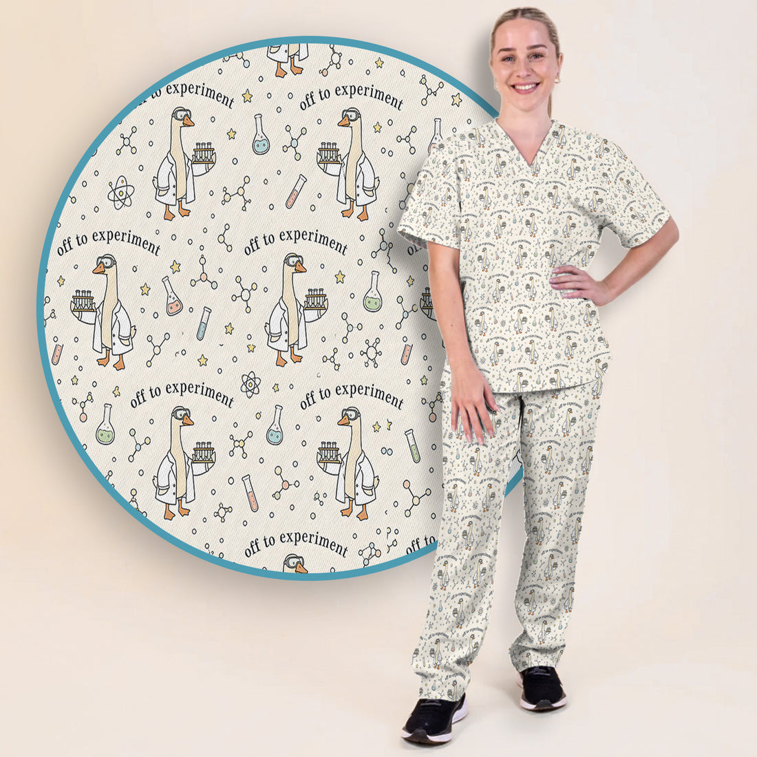 Funny Off To Experiment Scientist Goose Scrub Set, Scrub Pants and V Neck Top