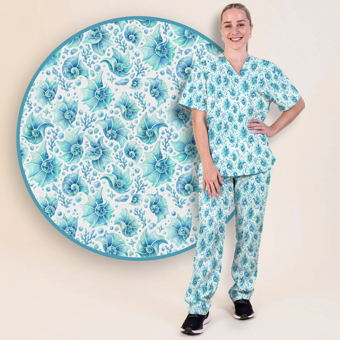 Blue Watercolor Seashell Pattern Scrub Set, Scrub Pants and V Neck Top