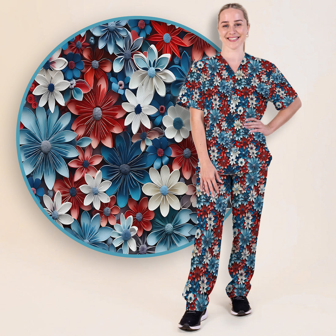 Patriotic 3D Floral Nurse for RN & CNA, Red Blue White Healthcare Workers Uniform Scrub Set, Scrub Pants and V Neck Top