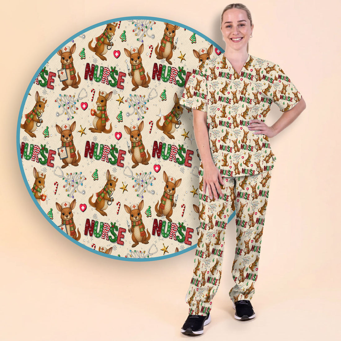 Aussie Kangaroo Christmas Scrub Set - Funny Holiday Nurse Shirt and Pants for Women - Cute Animal Medical Uniform