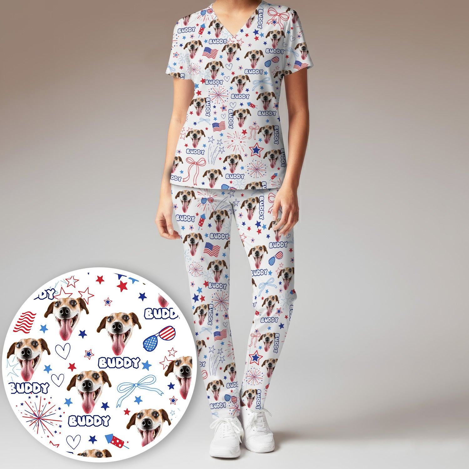 Personalized Patriotic Dog Face Name Pattern Scrub Set, Scrub Pants and V Neck Top